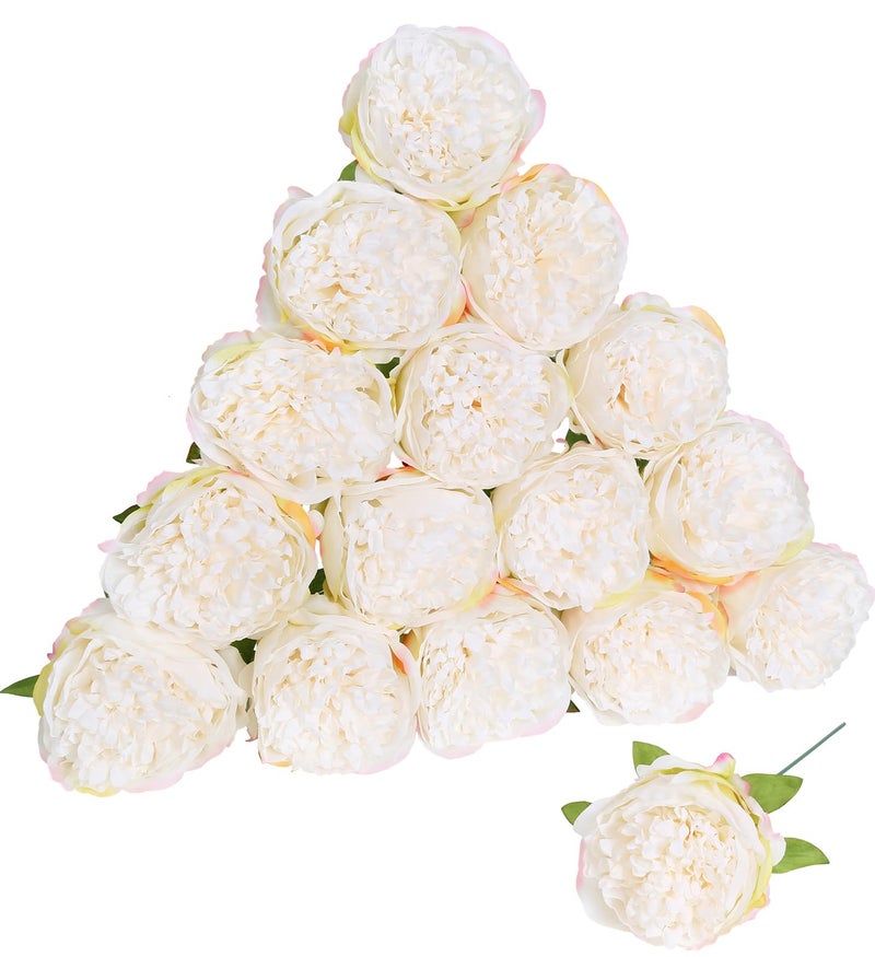 Fqueelvys 16pcs Peony Artificial Flowers Fake Peonies Bulks Cream White Silk Peonies Flowers Faux Peony Flowers Heads with Stems for Home Wedding Party Festival Baby Shower Decorations Cream White - Image 2