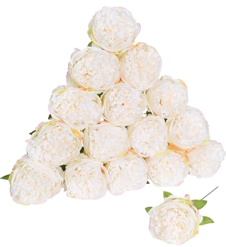 Fqueelvys 16pcs Peony Artificial Flowers Fake Peonies Bulks Cream White Silk Peonies Flowers Faux Peony Flowers Heads with Stems for Home Wedding Party Festival Baby Shower Decorations Cream White - Image 1