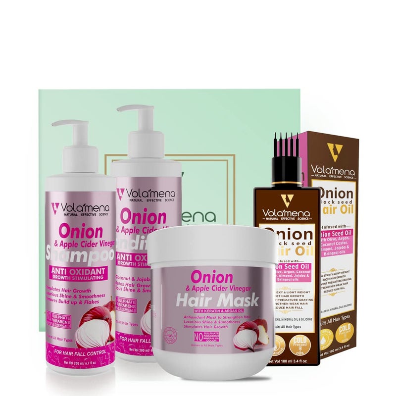 VOLAMENA WITH DEVICE Volamena Onion Oil Hair Fall Control Kit Onion Hair Oil I Onion Hair mask I Onion Shampoo I Hair Conditioner I pack of 4 - Image 1