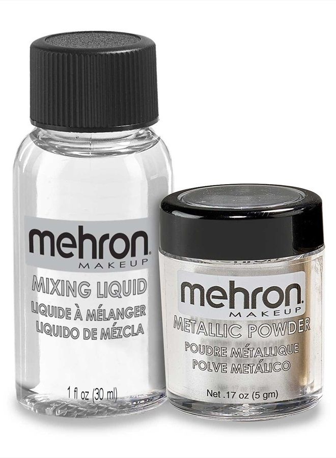 mehron بودرة مكياج معدنية (0.17 أونصة) مع سائل خلط (1 أونصة) (فضي) - Image 1