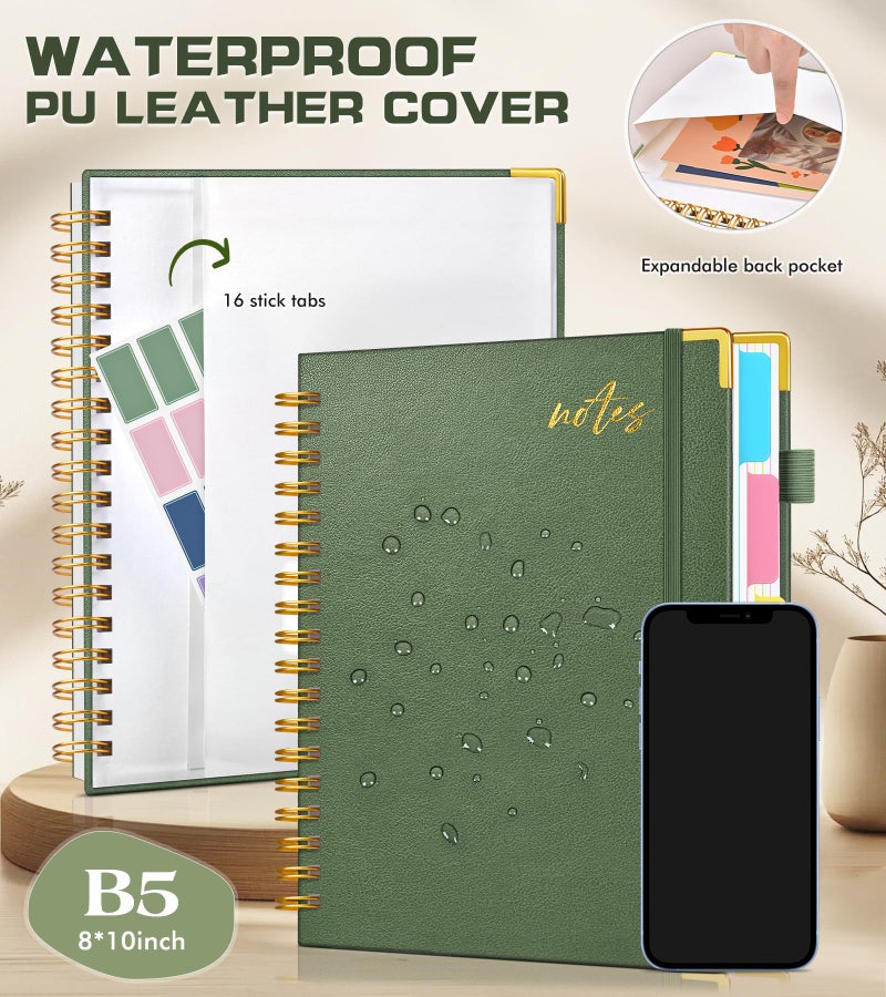 PAPEJOON 5 Subject Spiral Notebook Journal with Removable Dividers Tabs, 300 Pages Organizer Notebooks for Work School, 8"x10" Hardcover Leather Notebook College Ruled, Large Lined Journal for Women Men,Green - Image 3