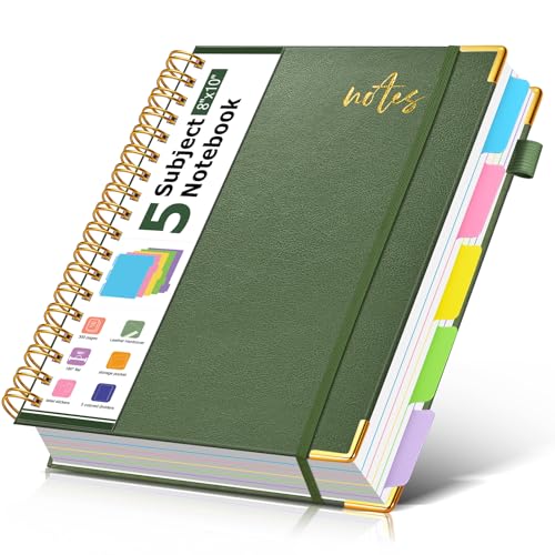 PAPEJOON 5 Subject Spiral Notebook Journal with Removable Dividers Tabs, 300 Pages Organizer Notebooks for Work School, 8"x10" Hardcover Leather Notebook College Ruled, Large Lined Journal for Women Men,Green - Image 1