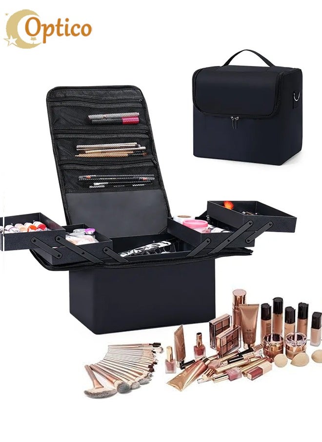 Optico Black Makeup Bag, Double Layer Travel Cosmetic Case, Professional Nail Organizer Case. Portable Artist Storage Bag with Adjustable Dividers for Nail Tools Jewelry Toiletry Jewelry Makeup Brushes Skin  - Image 1