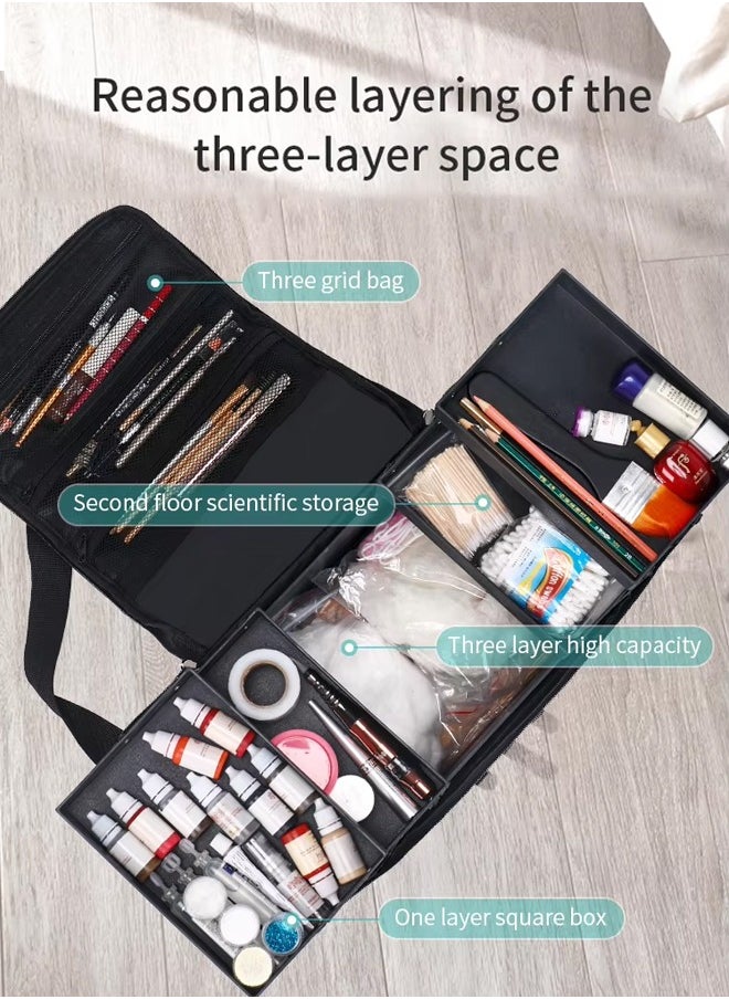 Optico Black Makeup Bag, Double Layer Travel Cosmetic Case, Professional Nail Organizer Case. Portable Artist Storage Bag with Adjustable Dividers for Nail Tools Jewelry Toiletry Jewelry Makeup Brushes Skin  - Image 3
