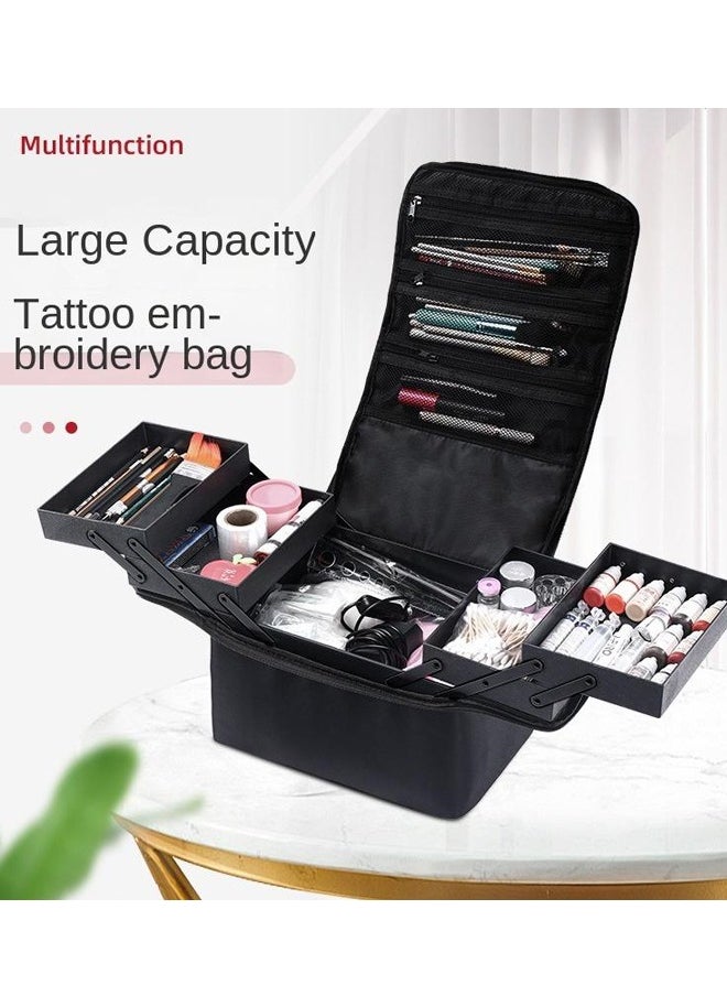Optico - Black Makeup Bag, Double Layer Travel Cosmetic Case, Professional Nail Organizer Case. Portable Artist Storage Bag with Adjustable Dividers for Nail Tools Jewelry Toiletry Jewelry Makeup Brushes Skin - Image 1