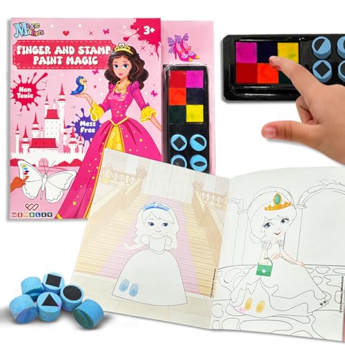 Wembley Princess Finger Painting & Coloring Art Book with 6 Finger Paint Ink & 6 Shape Stamper Thumbprint Art & Craft for Boys & Girls Age 3 4 5 6 + Years Washable Colors Ideal for Birthday Gift - Image 1