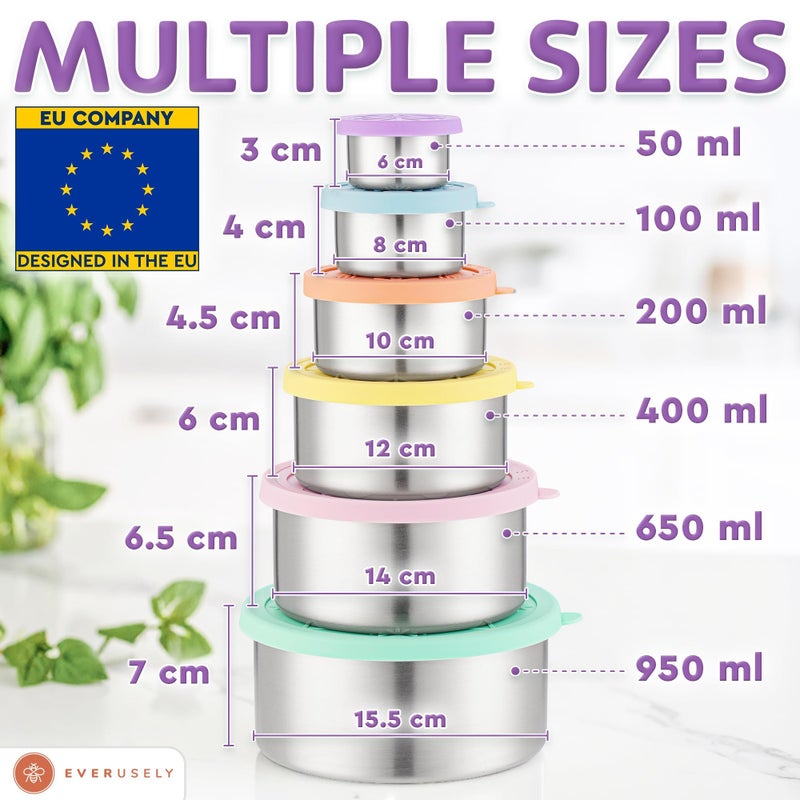 Everusely - Stainless Steel Containers with Lids - Set of 6, Bright Collection - Leakproof Stainless Steel Food Containers - Nesting Snack Holders - Metal Lunch Box - Portable & Reusable Meal Kit - Image 3