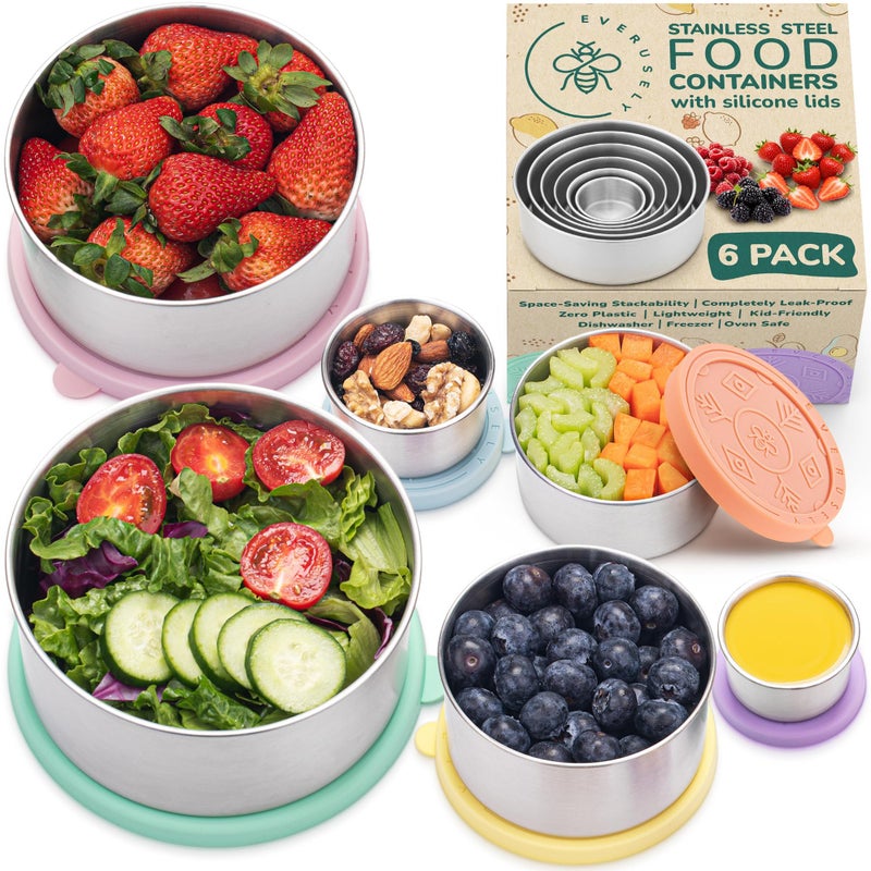Everusely - Stainless Steel Containers with Lids - Set of 6, Bright Collection - Leakproof Stainless Steel Food Containers - Nesting Snack Holders - Metal Lunch Box - Portable & Reusable Meal Kit - Image 1