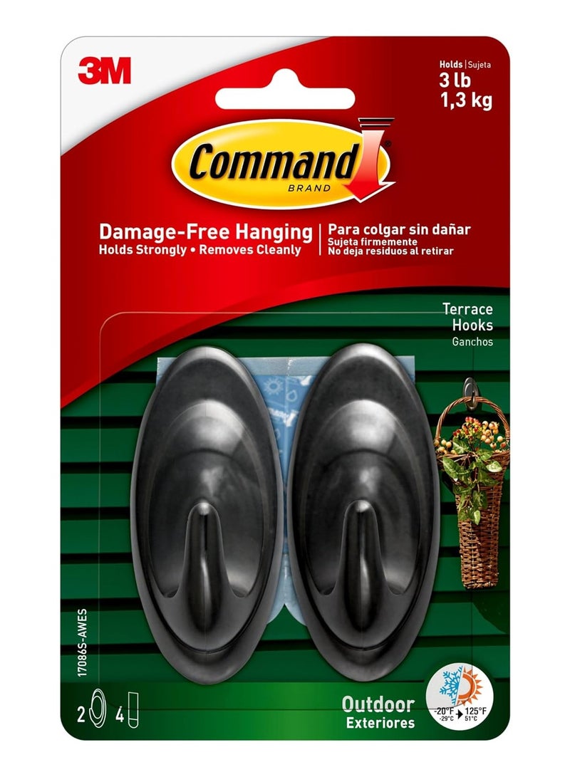 Command Command Outdoor Medium Terrace Hooks, Black, 3 lb Capacity, Water-Resistant Strips, 2-Hooks, 4-Strips, Decorate Damage-Free - Image 1