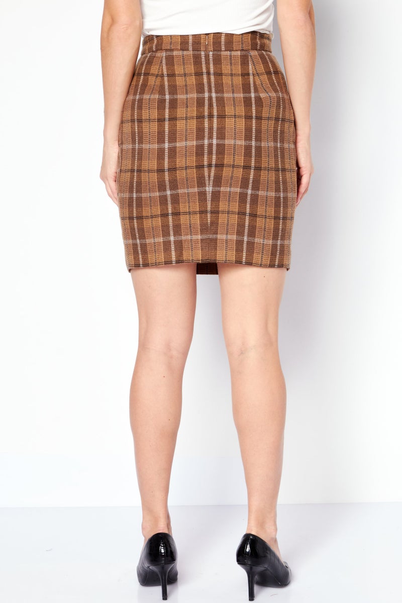 ONLY Women Checkered Belted Mini Skirt, Brown Combo - Image 3