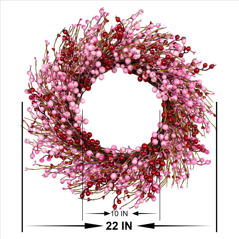 LLZLL Valentines Day Wreath 22 Inch Valentines Day Wreaths for Front Door Artificial Valentineâ€™s Day Door Wreath with Pink and Red Berries for Valentine's Day Anniversary Wedding Decor - Image 2