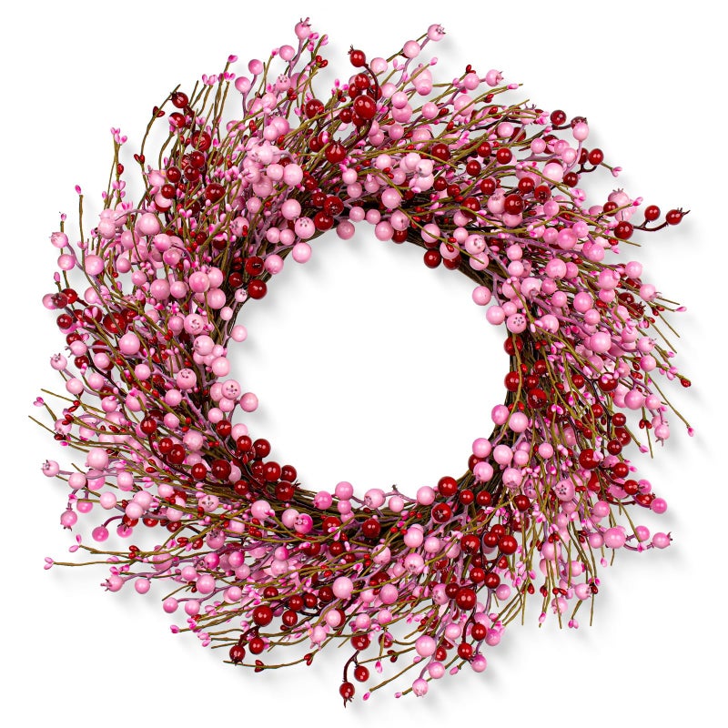 LLZLL Valentines Day Wreath 22 Inch Valentines Day Wreaths for Front Door Artificial Valentineâ€™s Day Door Wreath with Pink and Red Berries for Valentine's Day Anniversary Wedding Decor - Image 1