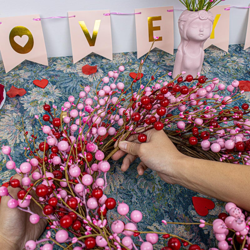 LLZLL Valentines Day Wreath 22 Inch Valentines Day Wreaths for Front Door Artificial Valentineâ€™s Day Door Wreath with Pink and Red Berries for Valentine's Day Anniversary Wedding Decor - Image 5