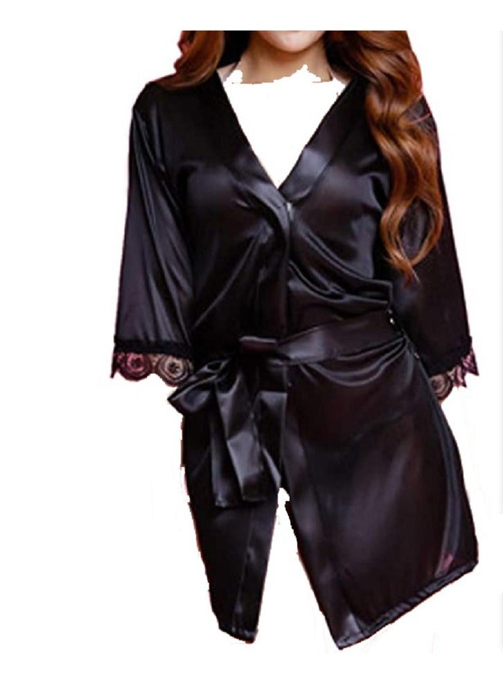 رداء نوم نسائي قصير من البوليستر الساتان بيبي دول مع مجموعة حزام الخصر والخصر  - Image 1