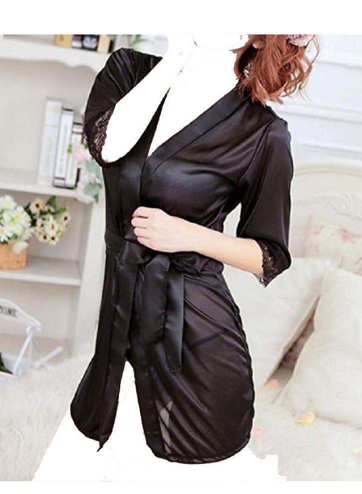 رداء نوم نسائي قصير من البوليستر الساتان بيبي دول مع مجموعة حزام الخصر والخصر  - Image 2