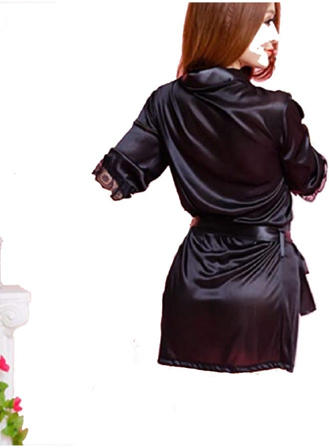 رداء نوم نسائي قصير من البوليستر الساتان بيبي دول مع مجموعة حزام الخصر والخصر  - Image 4