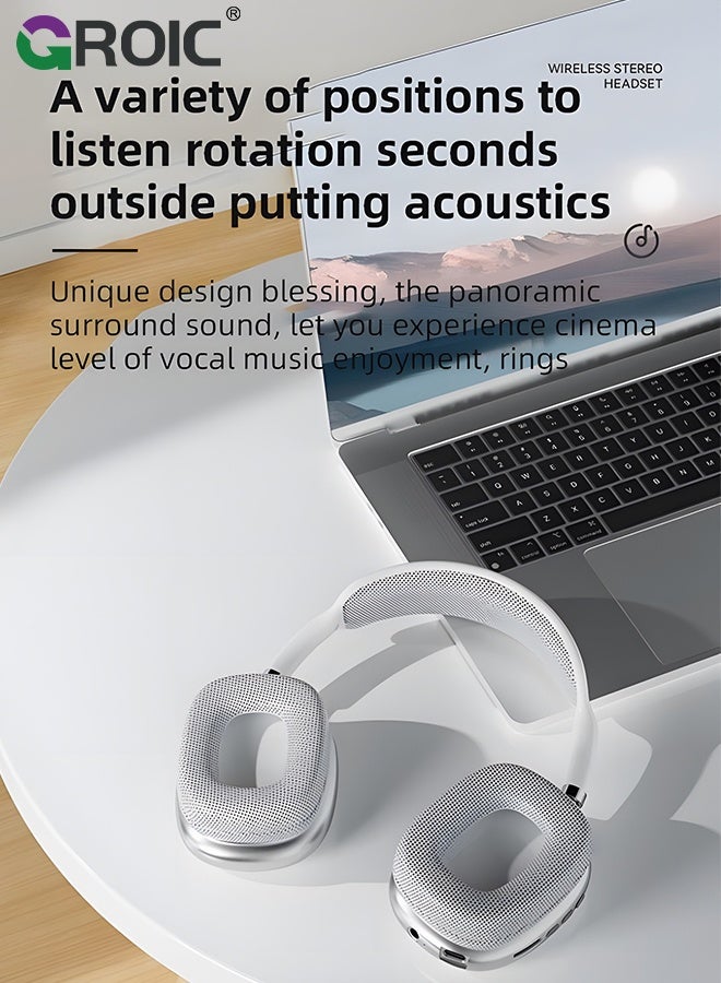 Wireless Bluetooth Headphones, Noise Reduction Over Ear Gaming Headset with Volume Control, Clear Sound Heavy Bass Wireless Headphones for Computer PC (Silver)