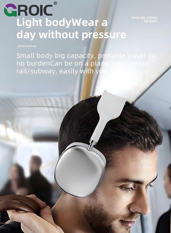 Wireless Bluetooth Headphones, Noise Reduction Over Ear Gaming Headset with Volume Control, Clear Sound Heavy Bass Wireless Headphones for Computer PC (Silver)