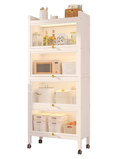 4-Tier Storage Cabinet Standing Shelf Units with 4 Door Bookshelf Bookcase with 4 Wheels Storage Rack Organizer Workstation for Kitchen Home Office Pantry Study White
