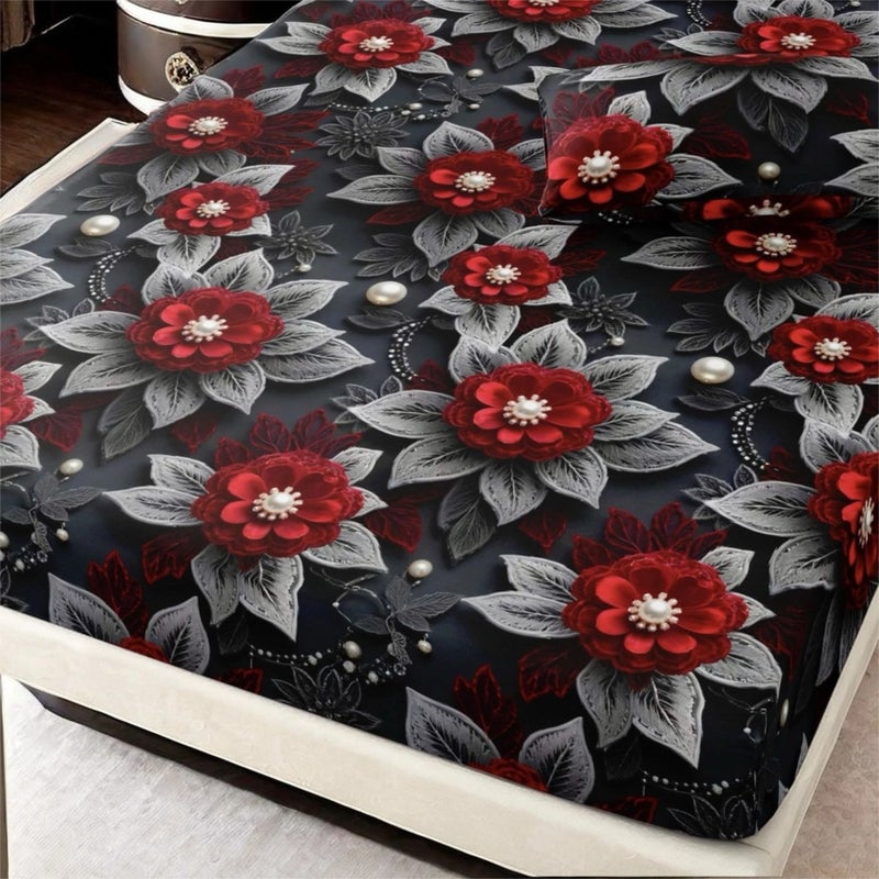 3Pcs 2D Pattern Black Gray Drip Red Peony Vintage Light Luxury Bedding Set Includes 2 Pillowcases And 1 Fitted Sheet 55.12 By 78.74 Inches Soft Skin Friendly 24H No Shifting Easy Care Snug Fit Simple To Use Suitable For Master Bedroom And Guest - Image 5