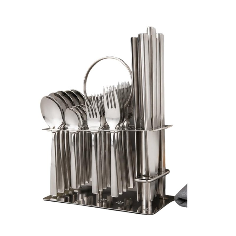 Premium 30-Piece Stainless Steel 18/10 Flatware Set with Modern Display Stand | Luxury Mirror-Polished Silverware Cutlery Set for 6 | Elegant Hanging Tabletop Organizer for Spoons, Forks, and Knives - Image 1