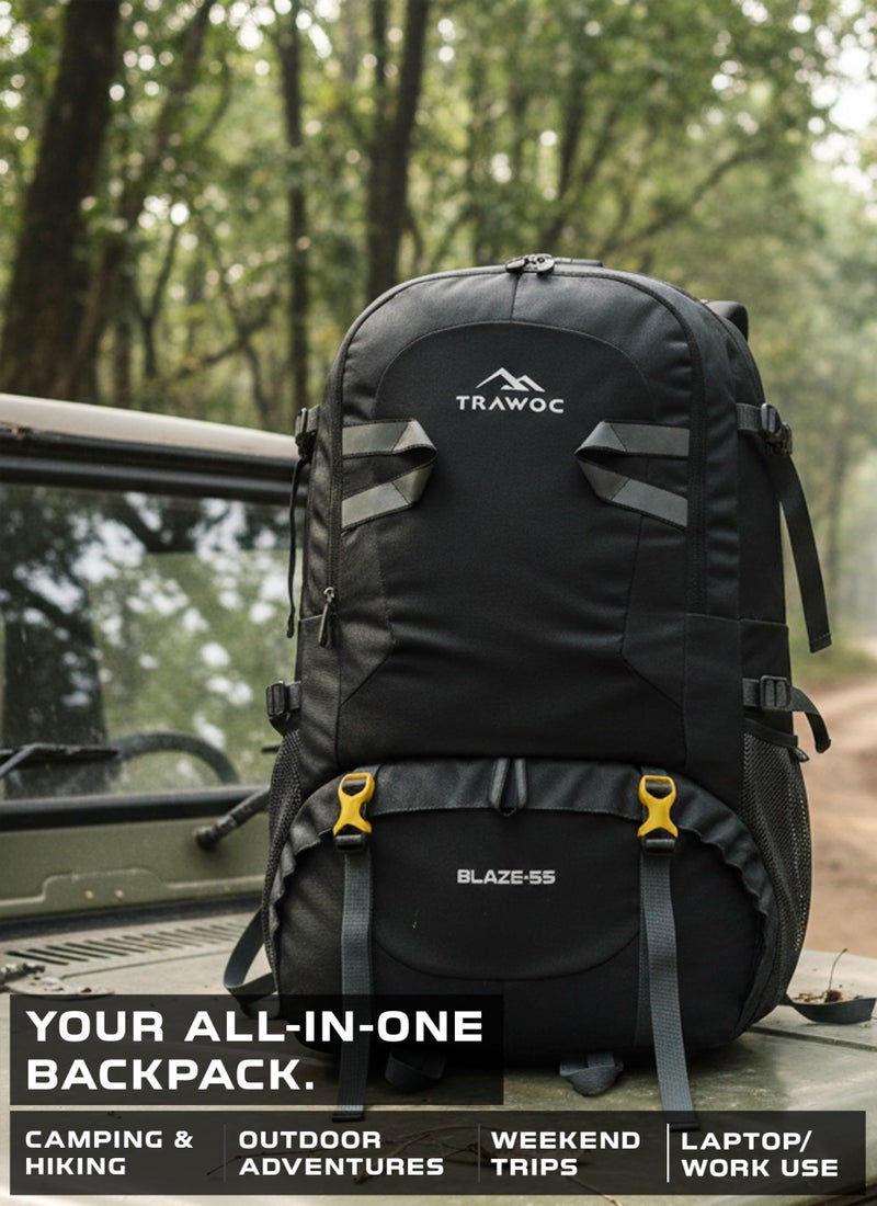 TRAWOC BLAZE 55 Liter Travel Backpack Daypack Bag for Camping Hiking Trekking Bag for Men & Women, Black, SHK014, 3 Year Warranty - Image 2