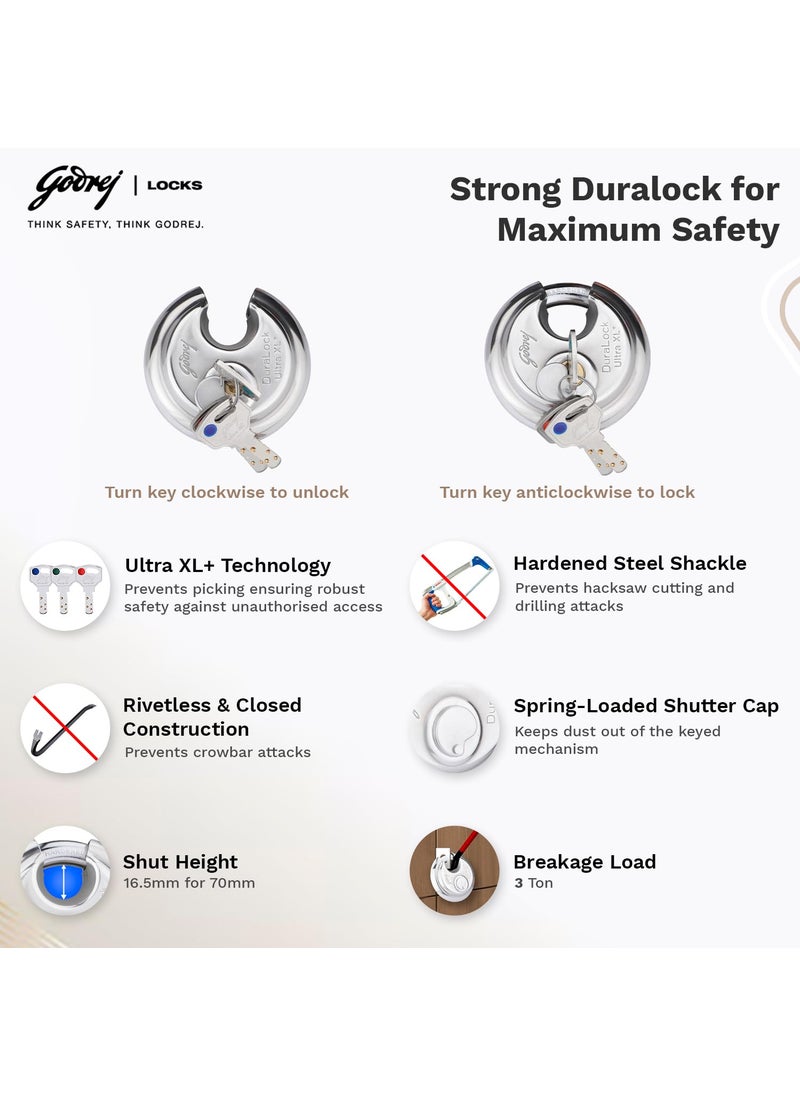 Godrej Locking Solutions and Systems Godrej Locks 4066 Ultra xl duralock padlock 70mm with 3 keys Silver Painted Finishsmall sizePack of 1Steel  - Image 3