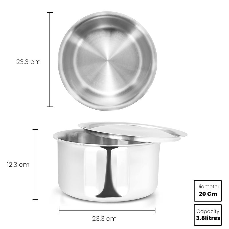 Allo Stainless Steel Triply Tope with Lid/Patila/Bhagona for Grains/Soups/Canning/Desserts/Broth Boiling Tope Induction Gas Base Multi-Purpose Steel | 10 Years Warranty 20cm, 3.8 litres - Image 4