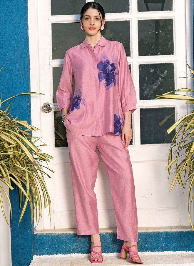 Zeyo Pink & Blue Printed Shirt Collar Set with Trousers - Image 2