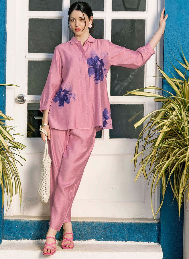 Zeyo Pink & Blue Printed Shirt Collar Set with Trousers - Image 1