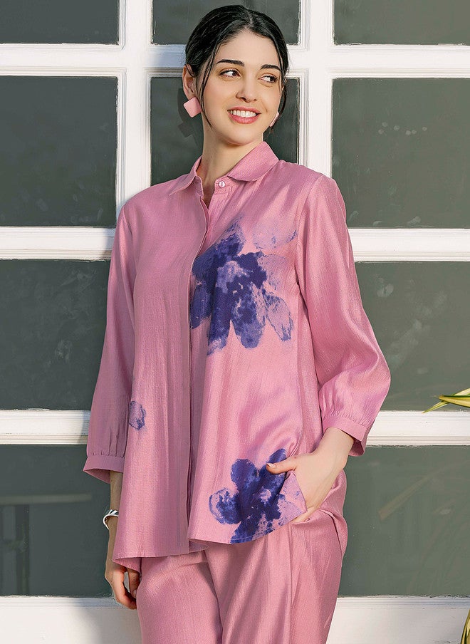 Zeyo Pink & Blue Printed Shirt Collar Set with Trousers - Image 3
