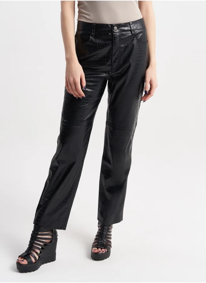 HaILYS High-Gloss Black Faux Leather Crocodile Print Pants