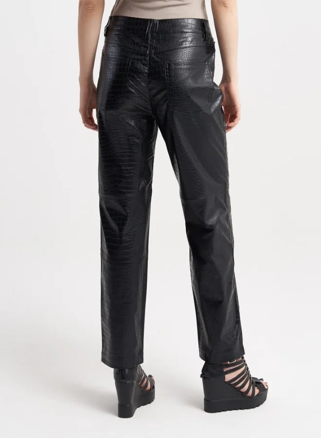 HaILYS High-Gloss Black Faux Leather Crocodile Print Pants
