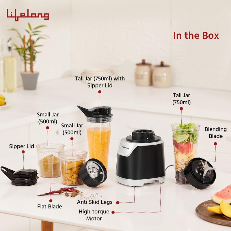 Lifelong Lifelong 700 Watts Nutri Blender for Smoothie and Juices - 4 Bullet Jars 700 & 500ml - 100% Copper Motor Bullet Mixer Grinder for Kitchen - Smoothie Maker with Sipper Jar - Stainless Steel Blades  - Image 5