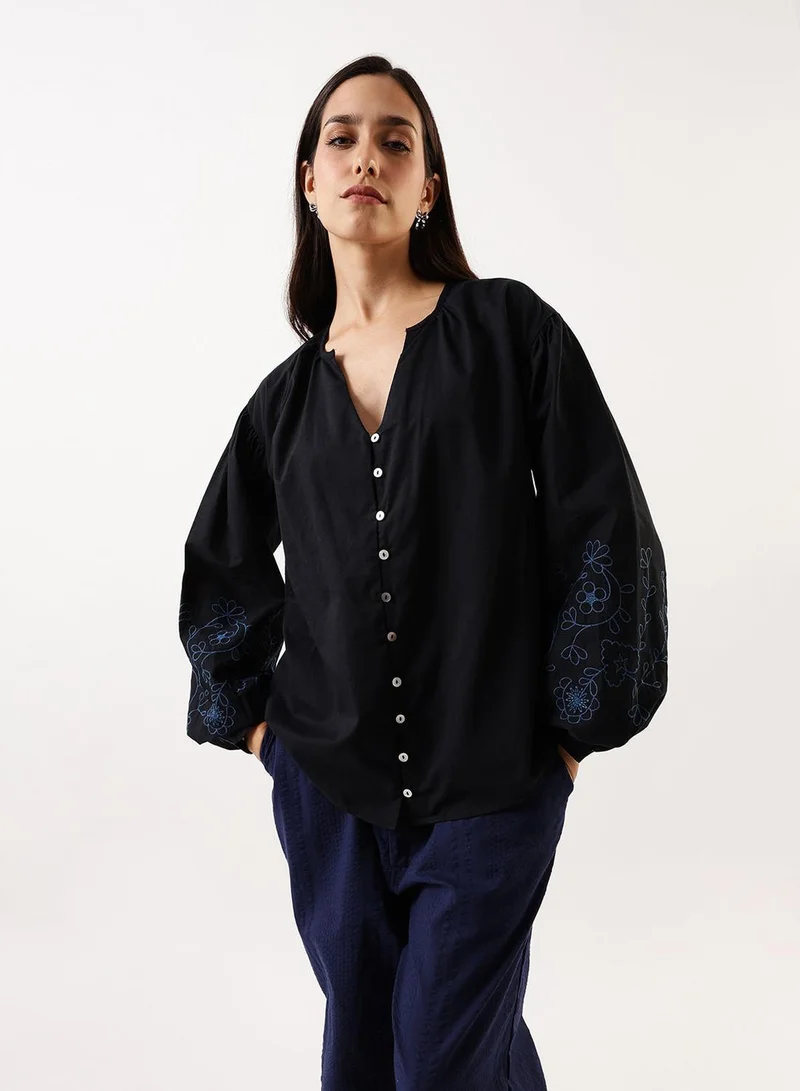 Dennis Lingo Women's Black Beauty Cambric Embroidered T-Shirt Regular Fit Tops