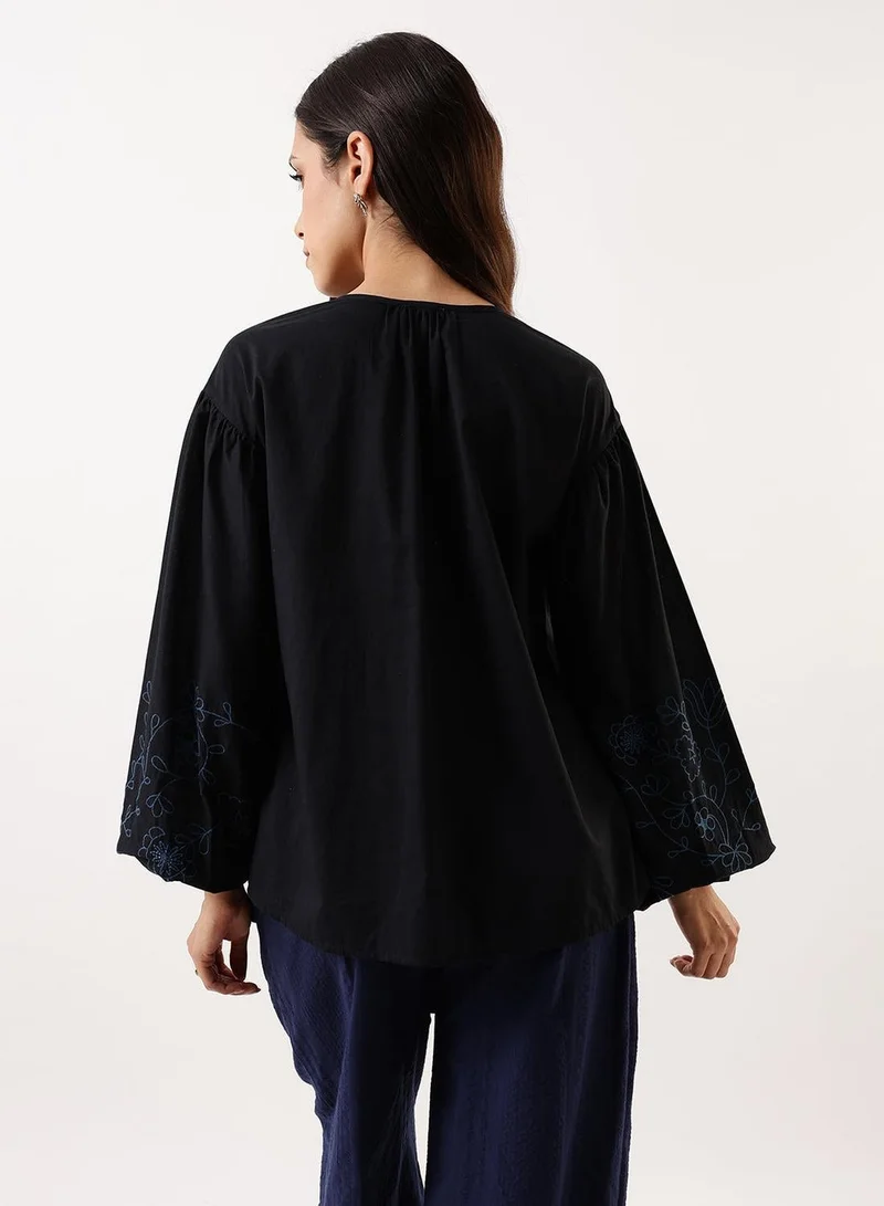 Dennis Lingo Black Beauty Women's Black Beauty Cambric Embroidered T-Shirt Regular Fit Tops for Women | Best Price UAE
