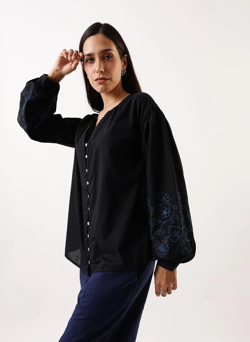 Dennis Lingo Black Beauty Women's Black Beauty Cambric Embroidered T-Shirt Regular Fit Tops for Women | Best Price UAE
