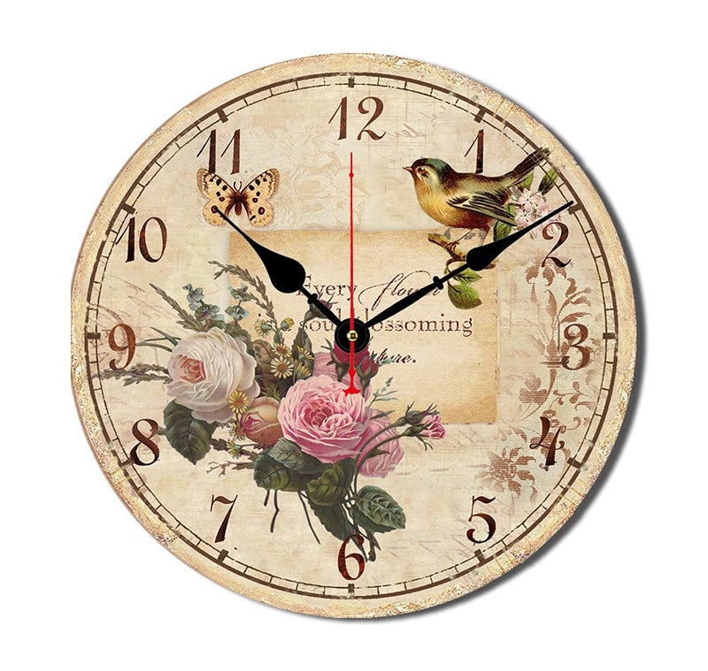 Catuy 12 Inch Wood Wall Clock Silent NonTicking Wall Clocks for OfficeBathroomLiving RoomDining RoomKitchen Decoration FlowersBirds Style Round Hanging Clock