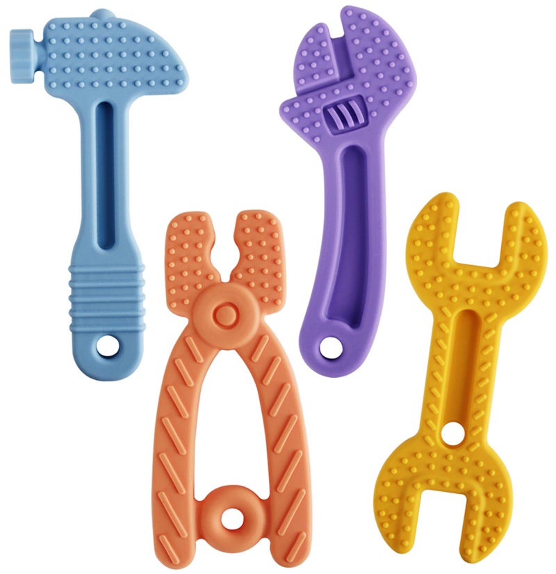 Fu Store 4 Pack Soft Silicone Teething Toys for 0-12 Months 6-24 Months Toddlers Infant Hammer Spanner Wrench Pliers Tools Shape Baby Teethers Relief Soothe Babies Gums Set - Image 1
