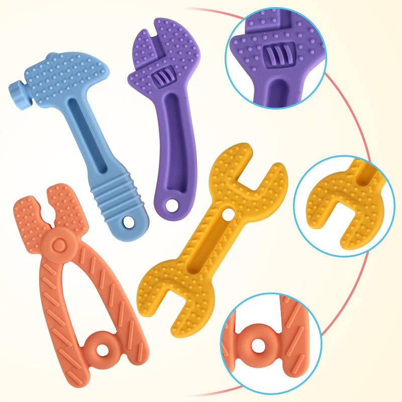 Fu Store 4 Pack Soft Silicone Teething Toys for 0-12 Months 6-24 Months Toddlers Infant Hammer Spanner Wrench Pliers Tools Shape Baby Teethers Relief Soothe Babies Gums Set - Image 2