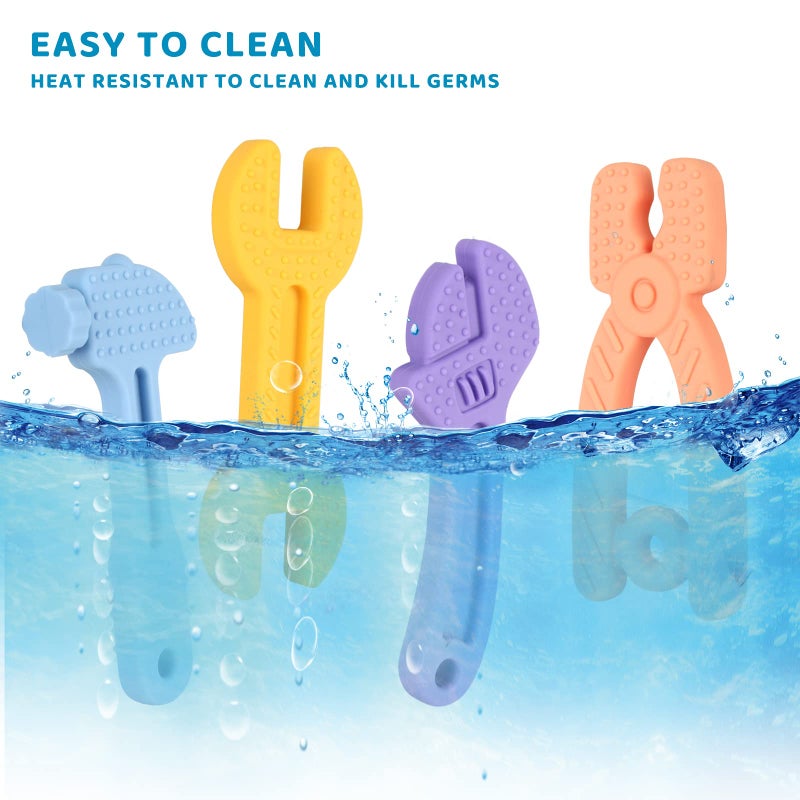 Fu Store 4 Pack Soft Silicone Teething Toys for 0-12 Months 6-24 Months Toddlers Infant Hammer Spanner Wrench Pliers Tools Shape Baby Teethers Relief Soothe Babies Gums Set - Image 4