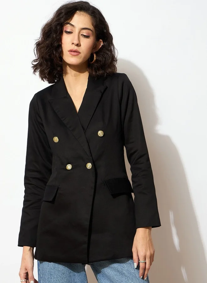 SASSAFRAS Comfort Fit Black Double Breasted Blazer for Women