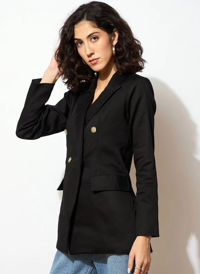 SASSAFRAS Comfort Fit Black Double Breasted Blazer for Women