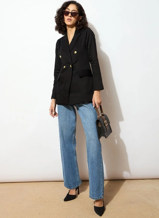 SASSAFRAS Comfort Fit Black Double Breasted Blazer for Women