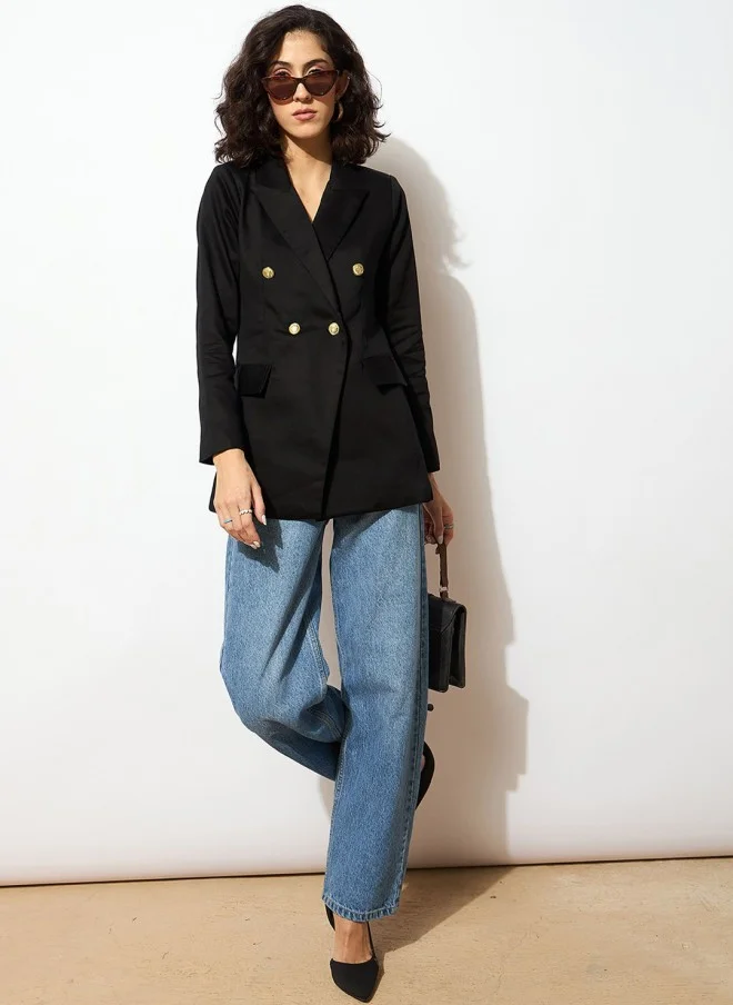 SASSAFRAS Comfort Fit Black Double Breasted Blazer for Women
