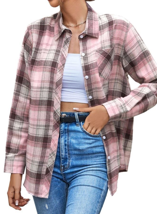 SANGTREE Womens and Girls Long Sleeve Flannel Shirt Casual Button Down Plaid Shirts, 3 Months - Adult 2XL, Pink Plaid, 7-8 Years - Image 1
