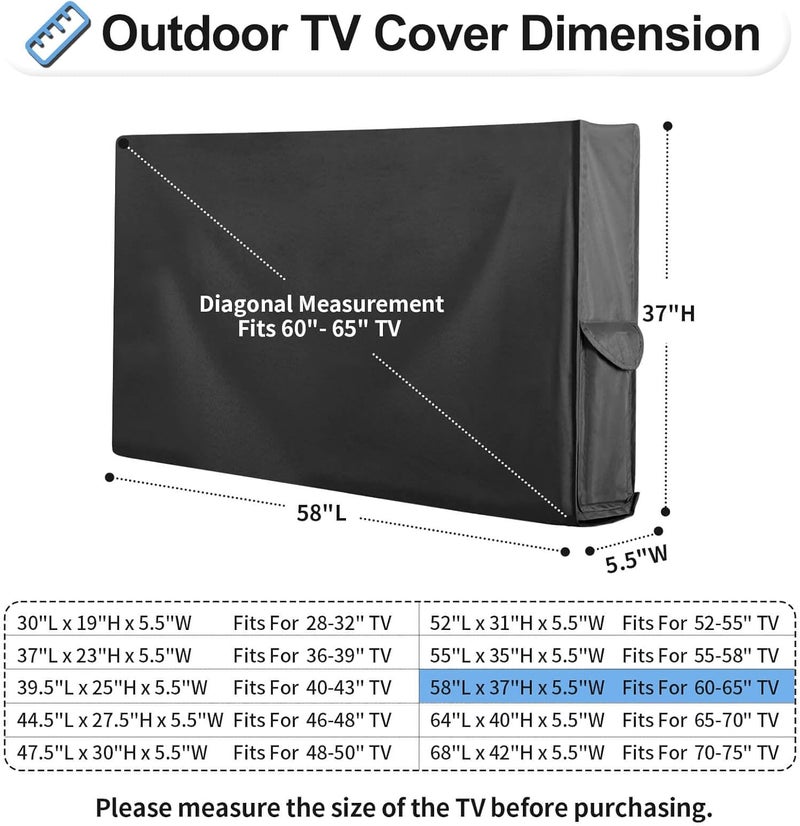 OutdoorLines غطاء تلفزيون خارجي مضاد للماء والطقس من مع غطاء سفلي لتلفزيون بشاشة مسطحة مقاس 60-65 بوصة، واقي شاشة مقاوم للأتربة والأشعة فوق البنفسجية، مقاس الغطاء 58 بوصة طول × 37 بوصة عرض × 5.5 بوصة ارتفاع، أسود - Image 2