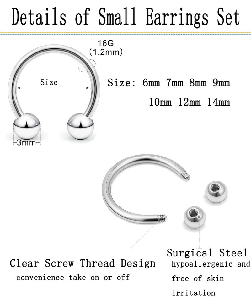 Earmark 16G Horseshoe Small Septum Rings Silver Smiley Piercing Jewelry Circular Curved Barbell Nose Nipple Nostril Cartilage Helix Piercing Hoop Set, Pack of 7 Pairs ( 16 Gauge, 6mm 7mm 8mm 9mm 10mm 12mm 14mm ) - Image 4