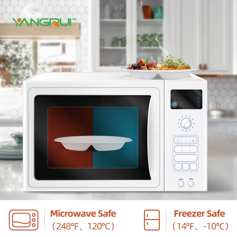 YANGRUI White Plastic Plates  9 Inch 3 Compartments 150 Pack Food Grade Material BPA Free Reusable MFPP Dinner Plate - Image 2