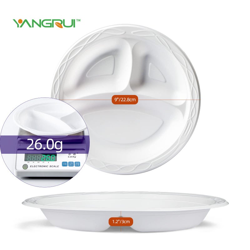 YANGRUI White Plastic Plates  9 Inch 3 Compartments 150 Pack Food Grade Material BPA Free Reusable MFPP Dinner Plate - Image 5